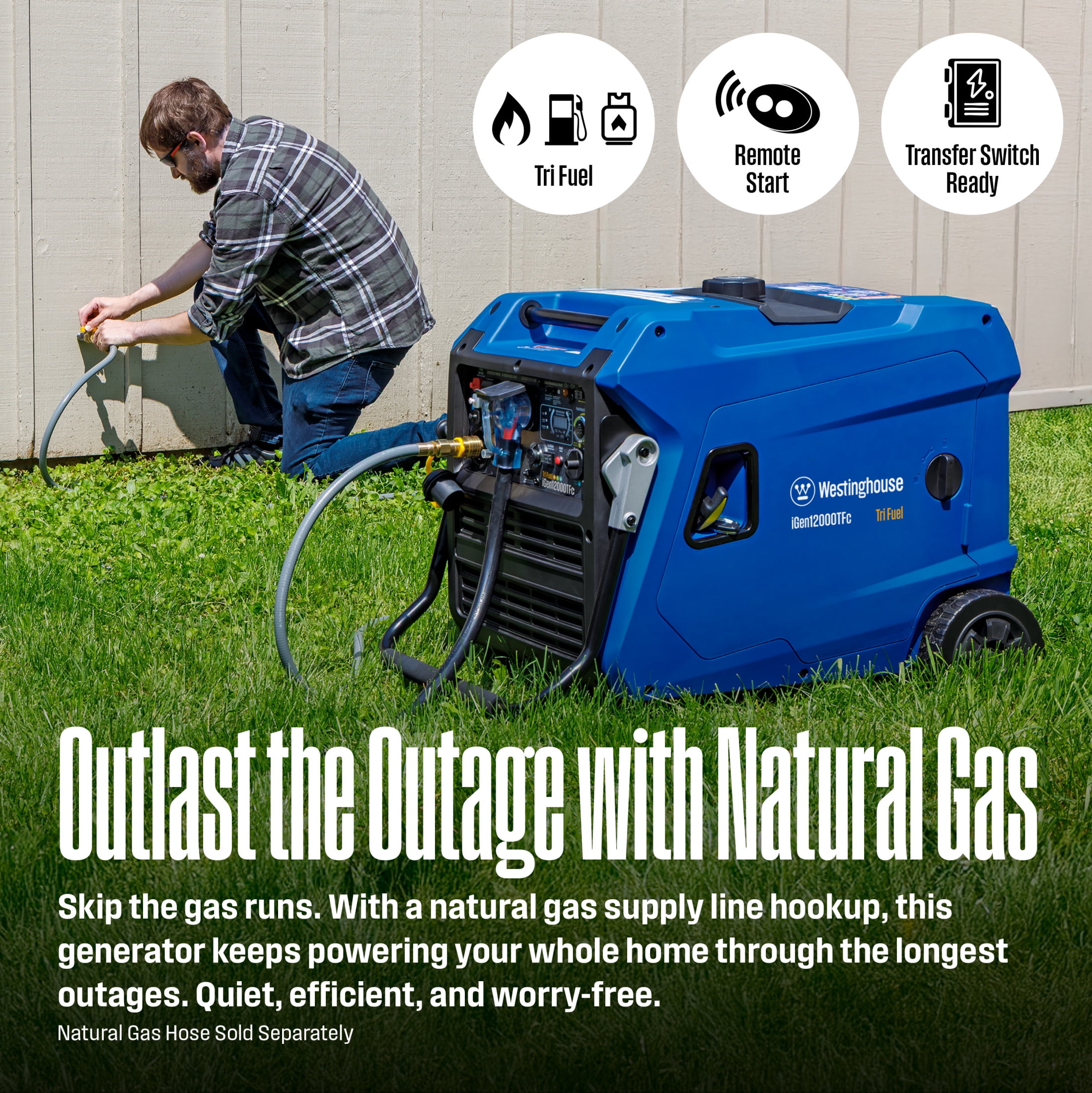 Westinghouse 12,000 Peak Watt Portable Inverter Generator, Tri Fuel, Gas, Propane, Natural Gas Powered, Remote Start with CO Sensor