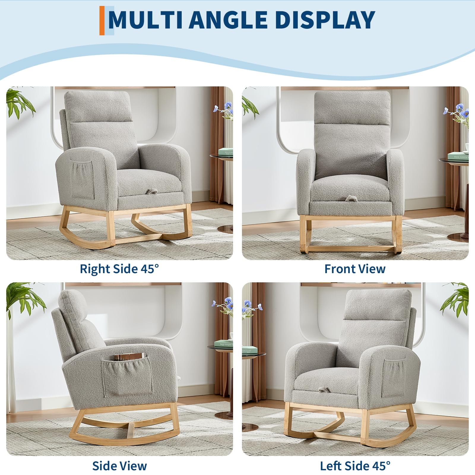 Nursery Rocking Chair with Retractable Footrest & High Backrest, Upholstered Glider Rocker Accent Chair for Breastfeeding Reading, Compact for Bedroom Living Room Apartments
