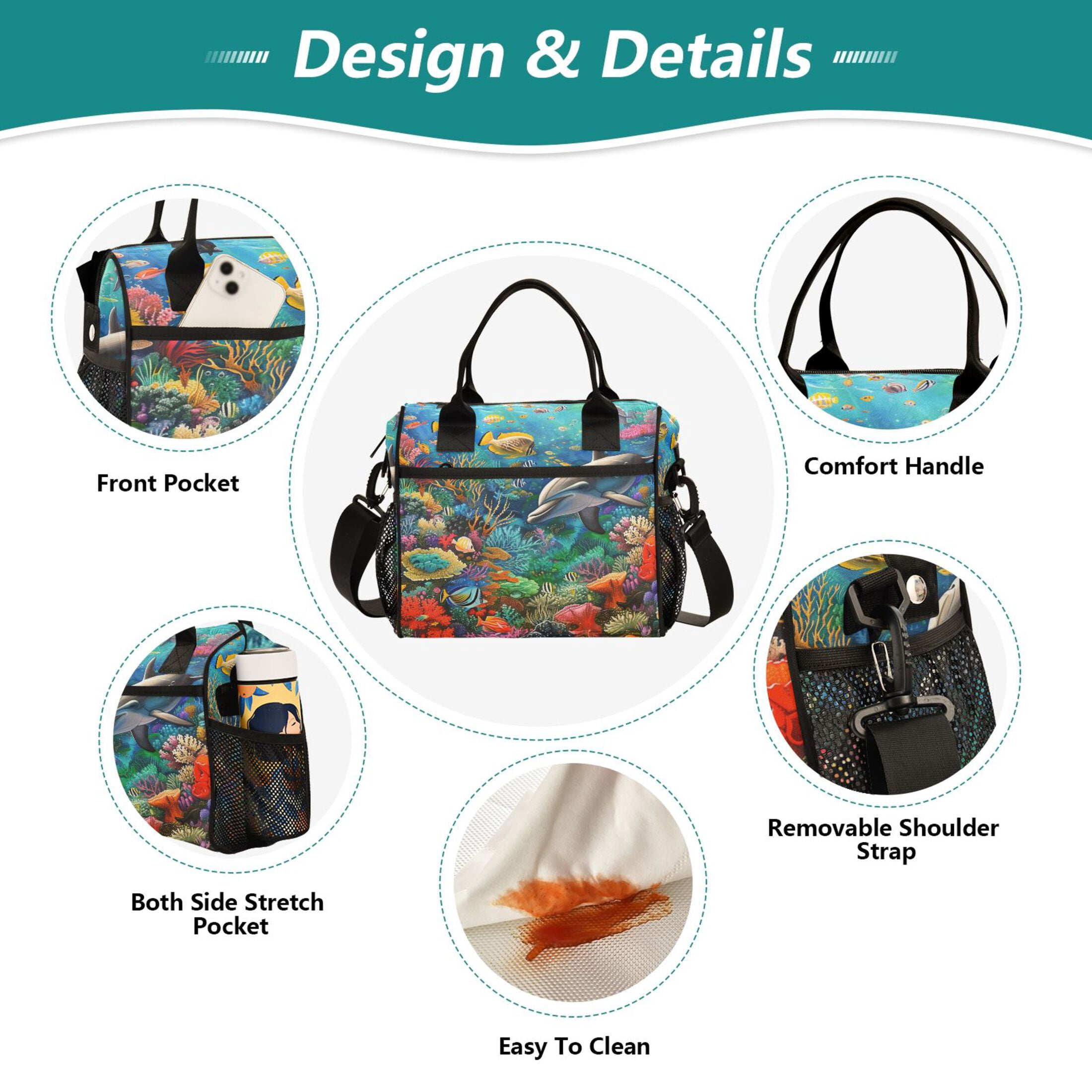 ALAZA Dolphin Fish Coral under Sea Insulated Lunch Bag Reusable Tote Box Adjustable Shoulder Strap for Work Picnic