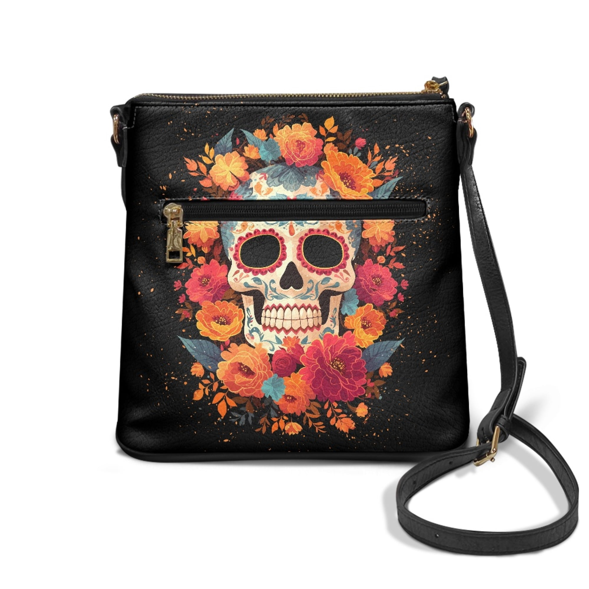 Kuiaobaty Skull Lotus Print Crossbody Bag for Women, Day of The Dead Vegan Leather Shoulder Handbag Crossbody, Lightweight Travel Sling Purse with Adjustable Strap for Halloween