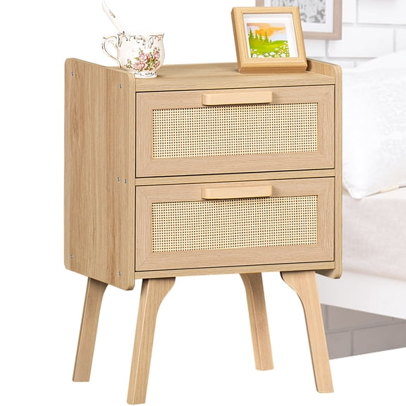 Rattan Nightstand, Boho Bedside Table with 2 Drawers, End Table Nightstand with Solid Wood Legs, for Bedroom, Study & Living Room, Natural Oak