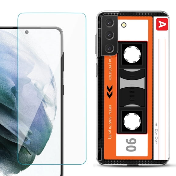 Slim-Fit TPU Fashion Phone Case for Samsung Galaxy S21 FE 5G Fan Edition, with Tempered Glass Screen Protector, by OneToughShield ® - Cassette Orange