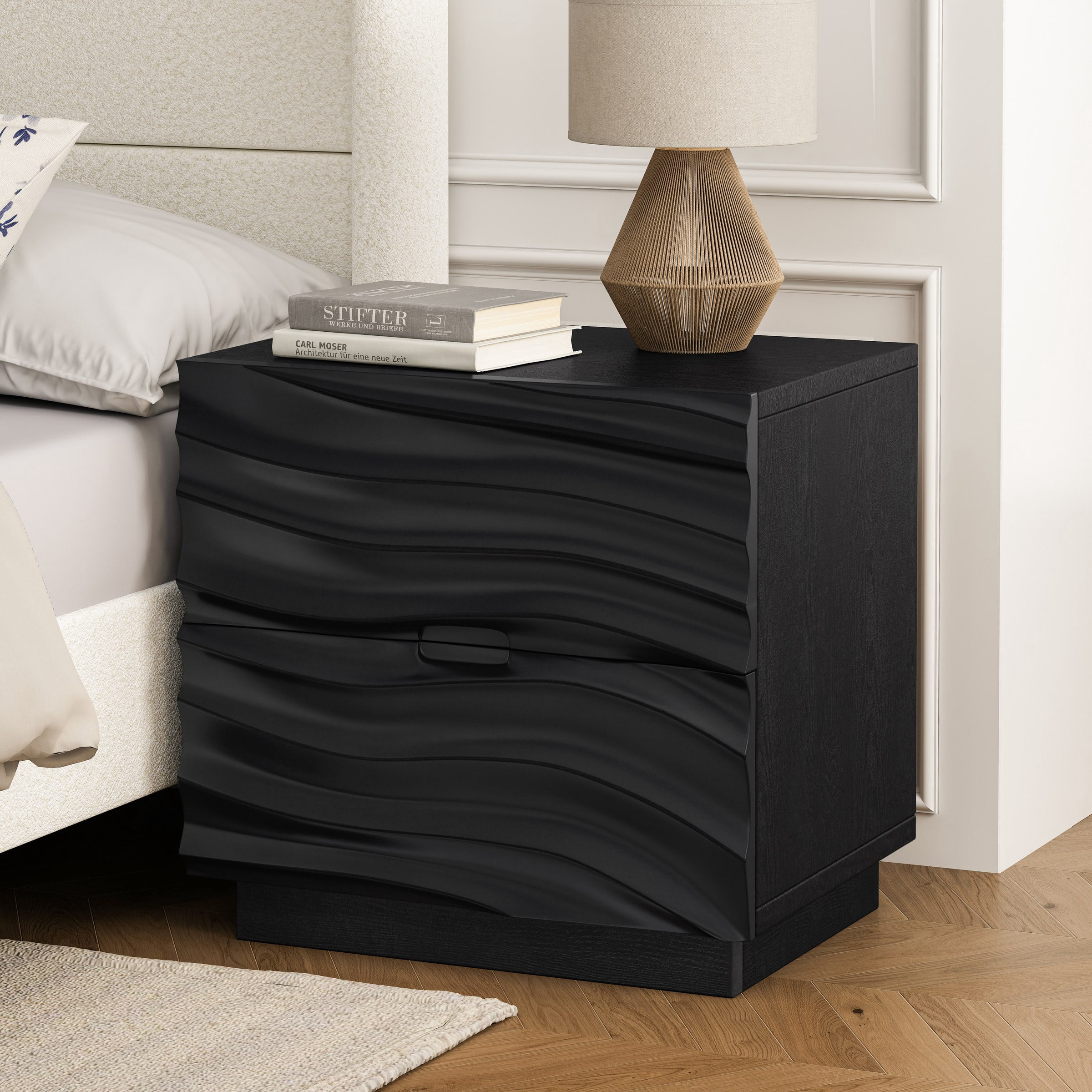 Solid Wood Nightstands, Bedside Table with 2 Drawers, No Handles, Sofa End Table for Living Room, Bedrooms, Black