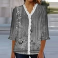 thumbnail image 2 of LEAVINGSUO 2023 Fall Womens Tops Plus Clearance Women's Fashion Lace Printing Loose T-Shirt 3/4 Sleeves Blouse V-Neck Casual Tops, 2 of 5