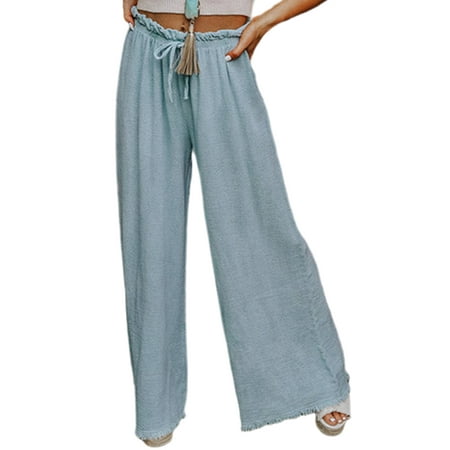 

Niuer Women Casual Lounge Pants Cotton Linen Loose Comfy Pajama Pants Solid Color Dailywear Pjs Pants Blue 2XL