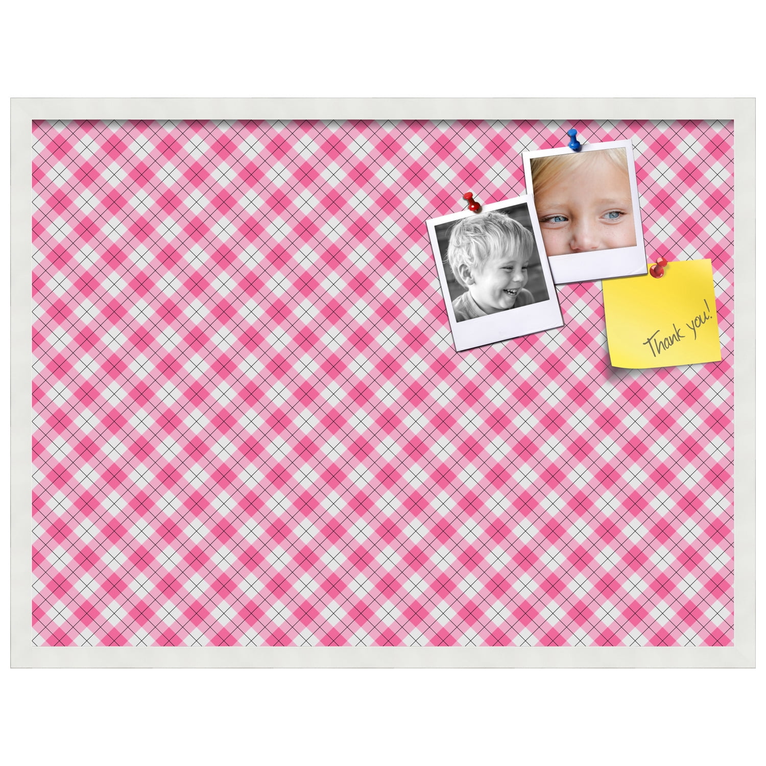 PinPix ArtToFrames 30x22 Custom Cork Bulletin Board Argyle Pink   Poster Board Has a Fabric Style Canvas Finish, Framed in Satin White Frame (PinPix-635)