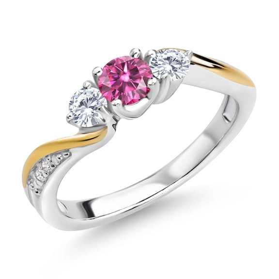 Gem Stone King 925 Sterling Silver and 10K Yellow Gold Pink Moissanite and White Lab Grown Diamond 3 Stone Engagement Ring for Women (0.46 Cttw, Size 9)
