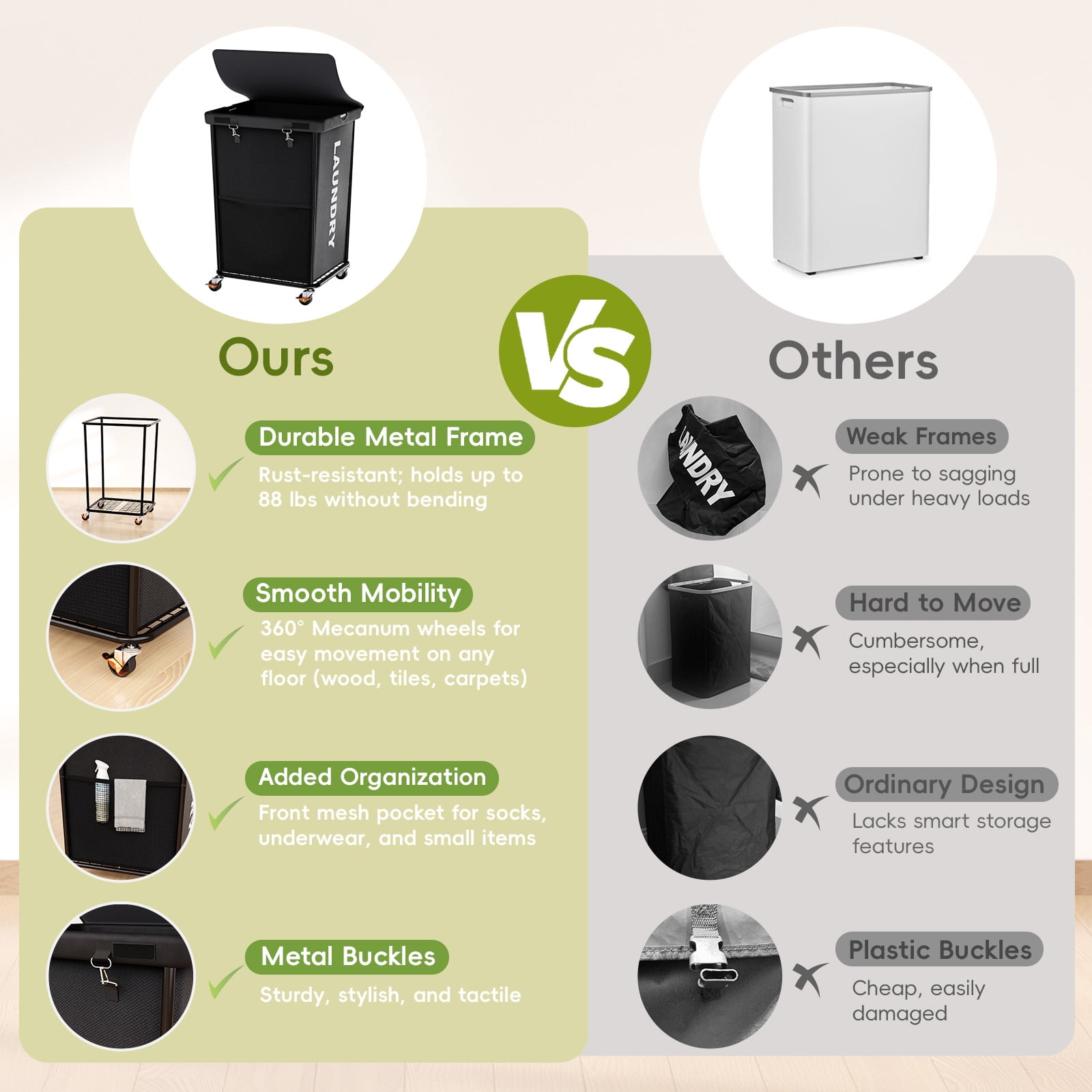 150L Laundry Hamper with Wheels, Rolling Laundry Basket with Metal Frame and Removable Bag, Large & Tall Dirty Clothes Hampers for Bedroom Aesthetic, Laundry Room, Bathroom, Dorm-Black