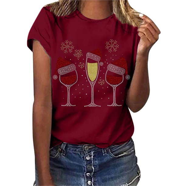 Gibobby Camiseta Navideña De La mujer Navidad Copa de de nieve Sombrero Impresión O Cuello Manga corta Camiseta suelta Blusa Tops(Vino,XG)