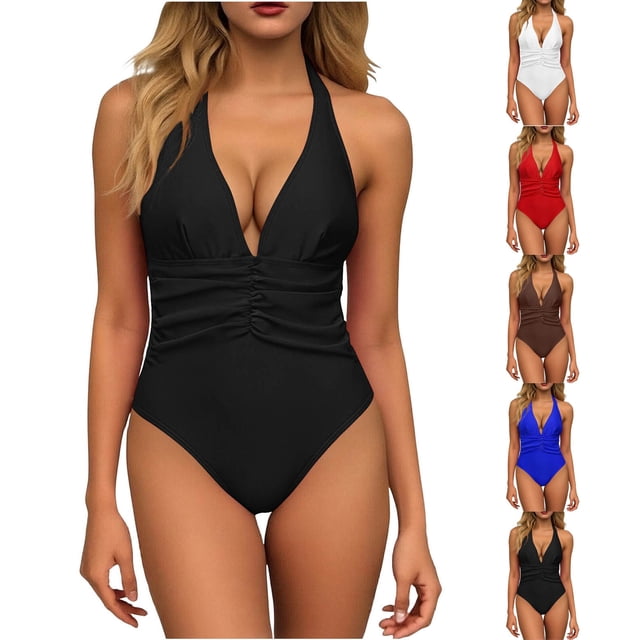 XUNKUSGA One Piece Swimsuit Women Trendy Adjustable Halter Deep V Womens Bathing Suits Soild Color High Waist Tummy Control Swimsuits for Women,White,S