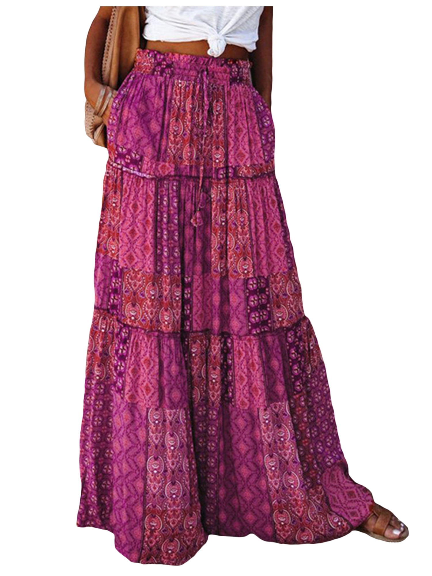 Jupe Longue Bohème Femme à Volants - Taille Haute Élastique - Avec Poches - Style Décontracté Trapèze - 6