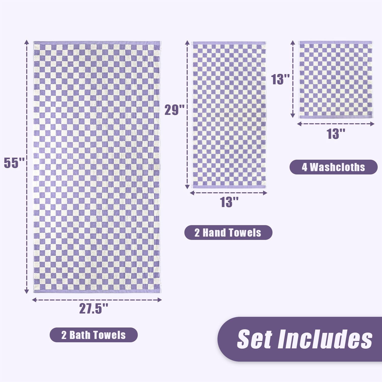 8-Piece Towel Set: Includes 2 large bath towels (27.5"x55"), 2 versatile hand towels (13"x29"), and 4 washcloths (13"x13"), providing all the essentials for bathroom, guest rooms, dorms, or travel