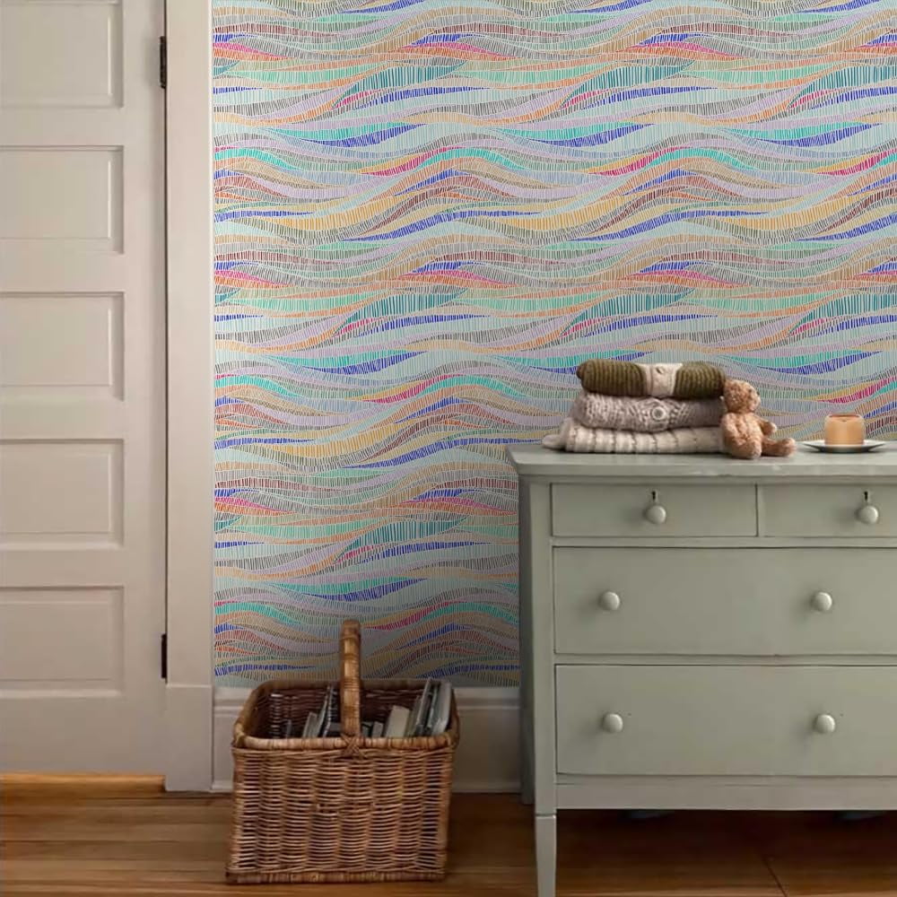 Colorful Geometrical Wave Mosaic Modern Peel and Stick Wallpaper Self Adhesive Removable Easy Peel Off Stick on Wall Paper for Bedroom Cabinet Renter Friendly
