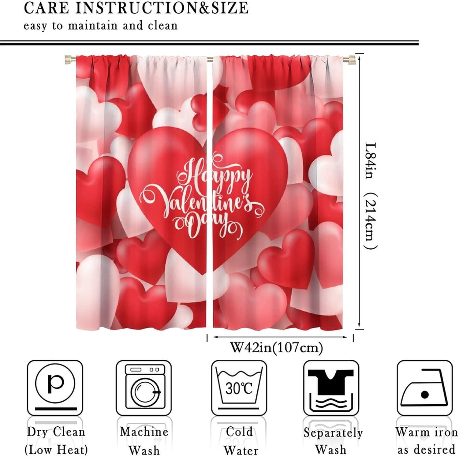 Valentines Day Blackout Window Curtains, Romantic Red and White Heart Shaped Balloons Blackout Windows Door Curtain for Bedroom Living Room Home Decor 84x84in