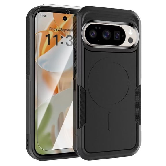 Dteck Magnetic Case with Tempered Glass Screen Protector for Google Pixel 10 Pro XL,Shockproof TPU PC Case Compatible with Mag Safe Back Cover for Google Pixel 10 Pro XL,Black