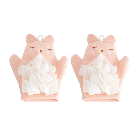 2 Pcs Exfoliating Loofah Mit Towel Bath Shower Gloves Pink Viscose Double Sides Design for Kids