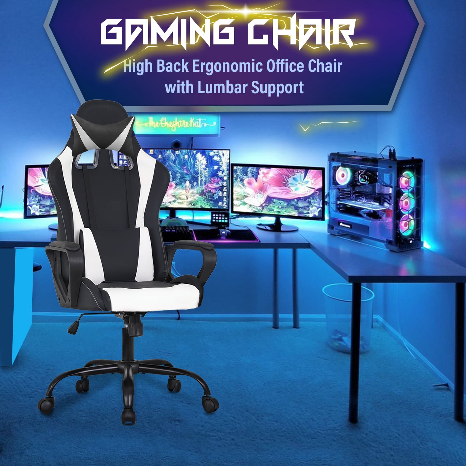 Furniture of America Blitz Faux Leather Gaming Chair, Black and White