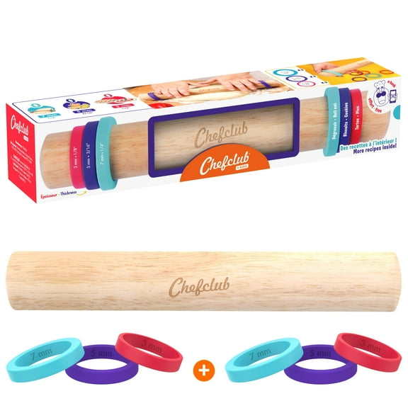 Chefclub Kids Adjustable Wooden Rolling Pin - 3 Removable Silicone Rings - Perfect for Baking & Pastry, Pizza, Pie, Cookie Dough - Precision Baking Tool for Kids
