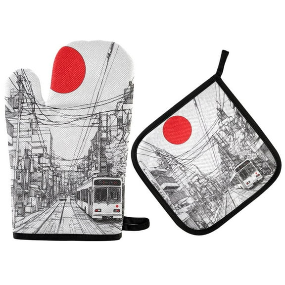 Yayeee Oven Mitts and Pot Holder Set of 2 Heat Resistant Kitchen Gloves Baking Hot Pad, White Streets