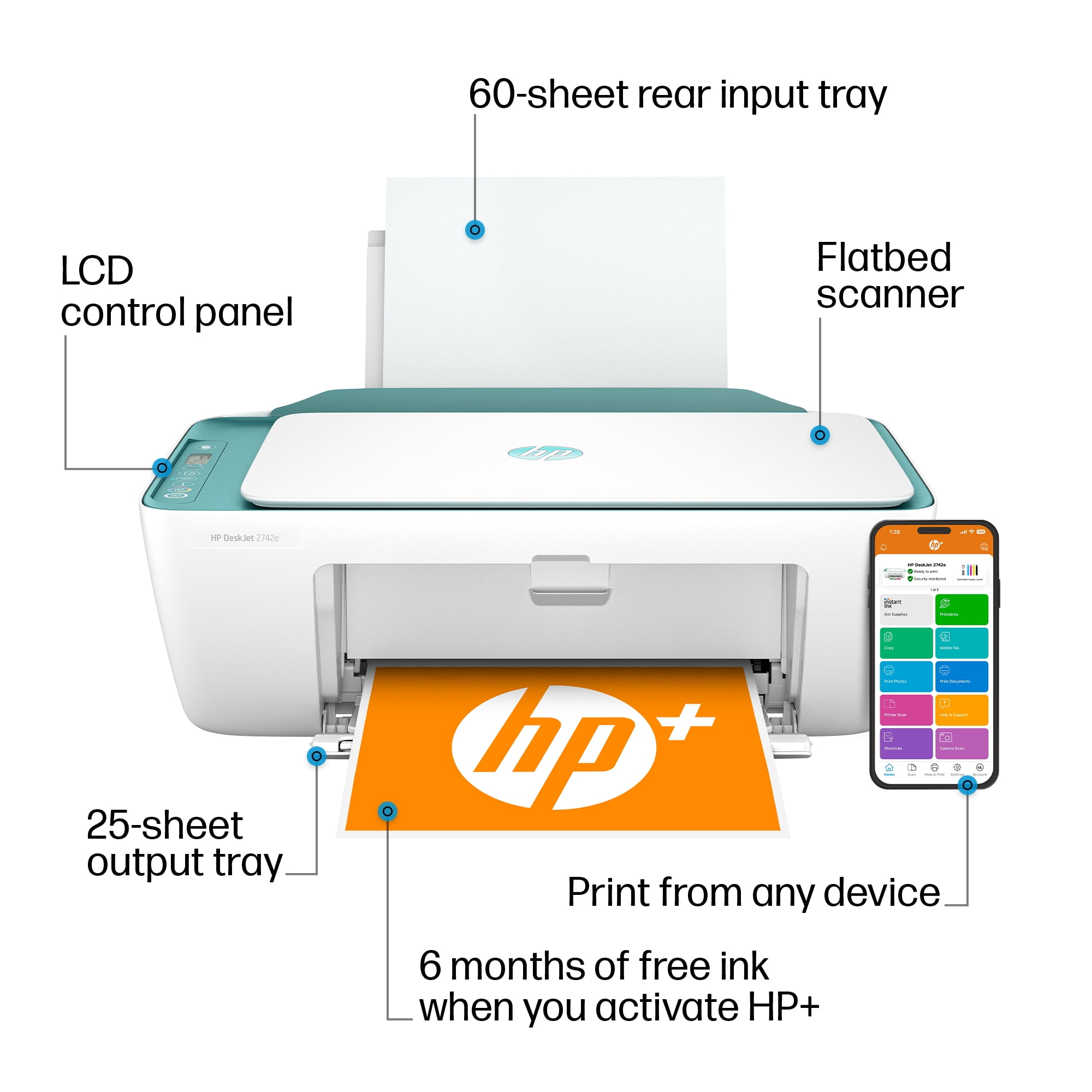 HP DeskJet 2742e Wireless Color All-in-One Inkjet Printer (Glacier) with 6 months of Instant Ink included with HP+