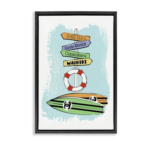 Stupell Industries Glam Surfboards & Sign Coastal Painting Black Floater Framed Art Print Wall Art, 17 x 25