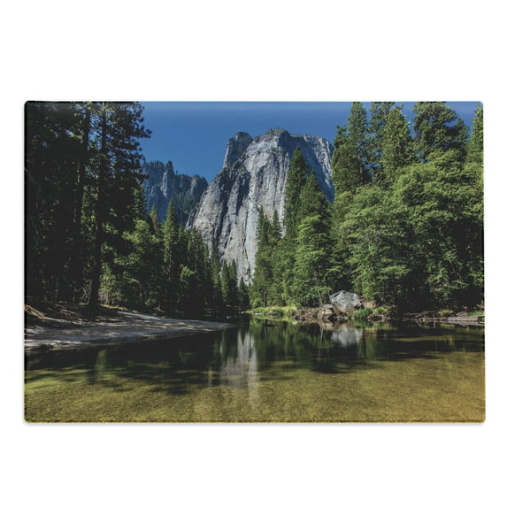 Yosemite Cutting Board, Large Granite Cliff Surrounded by Trees River Under Clear Sky Wild Beauty Scenery, Decorative Tempered Glass Cutting and Serving Board, Large Size, Green Blue, by Ambesonne