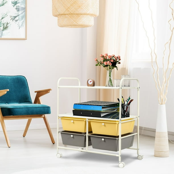 Costway Carrito Auxiliar con 4 Cajones Apilables y 2 Estantes 4 Ruedas Organizador para Cocina Baño Oficina 58,5 x 37 x 75 cm