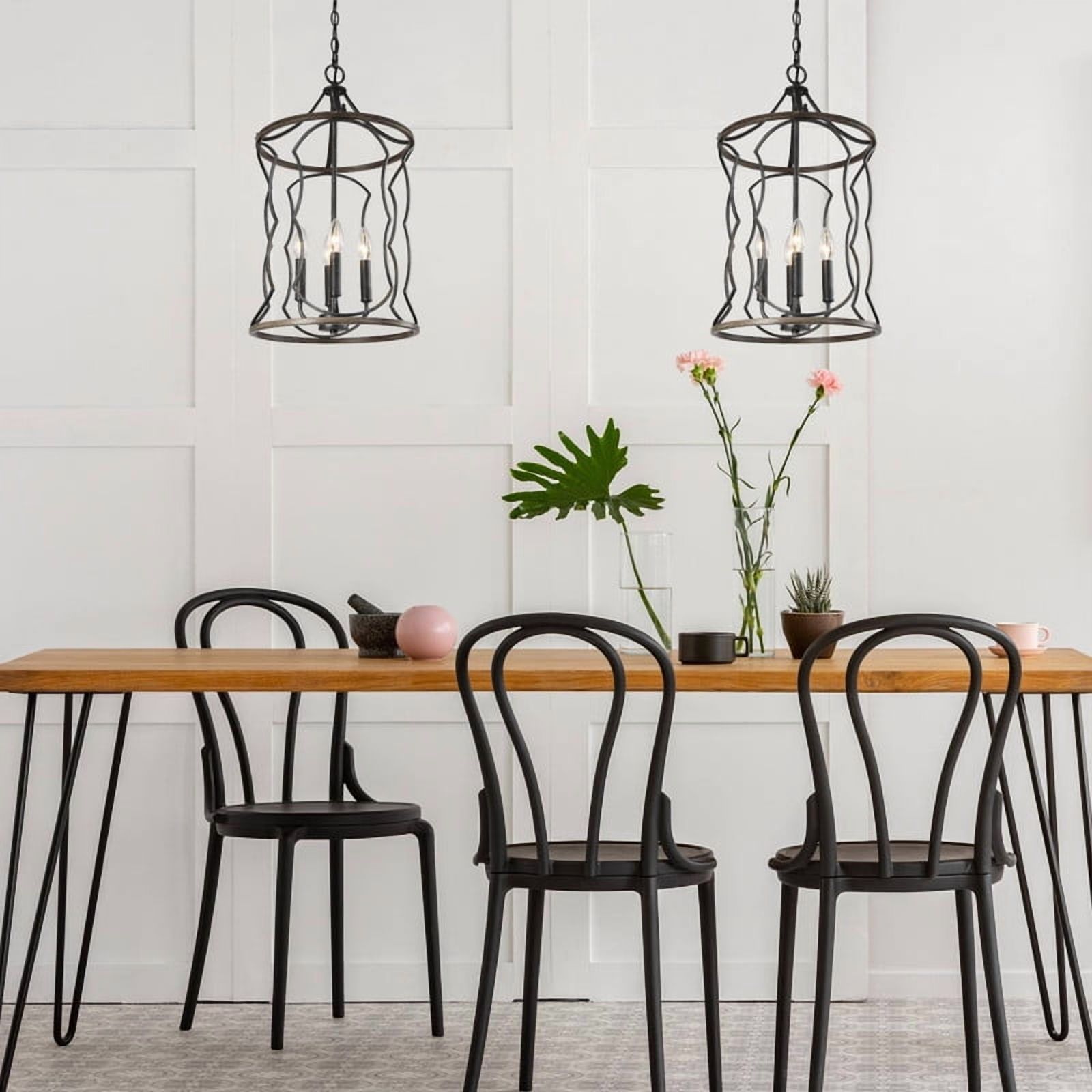 LNC Celosia 3-Light Black and Wood Drum Pendant Light for Dining Room or Entryway