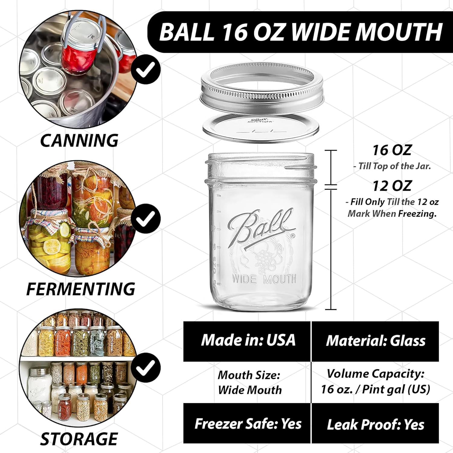 Wide Mouth Mason Jars 16 Oz - (3 Pack) - Ball Wide Mouth Pint 16-Ounces Mason Jars With Airtight Lids And Bands