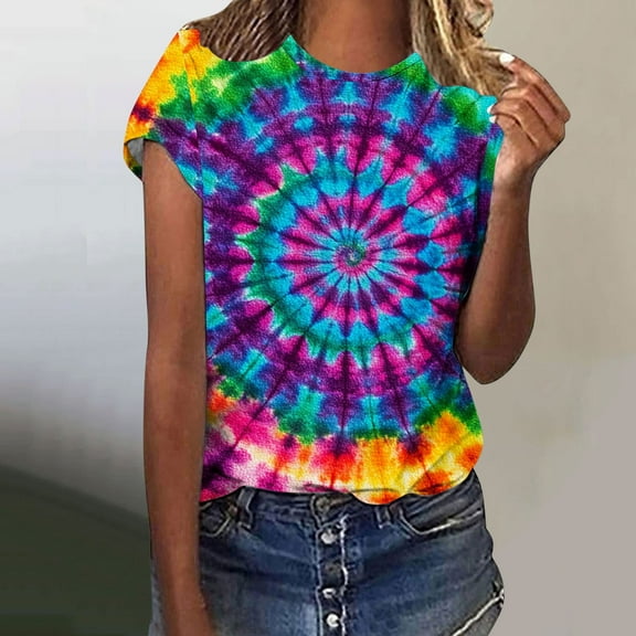 VBTAPA Womens Short Sleeve T-shirts Tie Dye Graphic Tees Summer Casual Workout Round Neck Tee Tops on Clearance Multicolor L