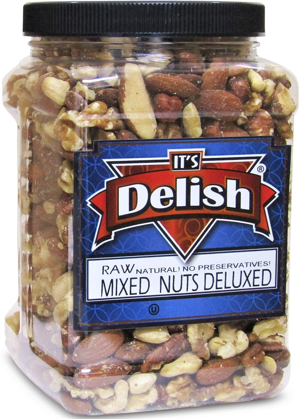 Deluxe Raw Mixed Nuts with No Peanuts by Its Delish, Bulk 2 lbs Jumbo Reusable Container  Premium Raw Unsalted Nut Mix Without Peanuts  Great for Parties, Snacking and Salads - Keto, Vegan, Kosher
