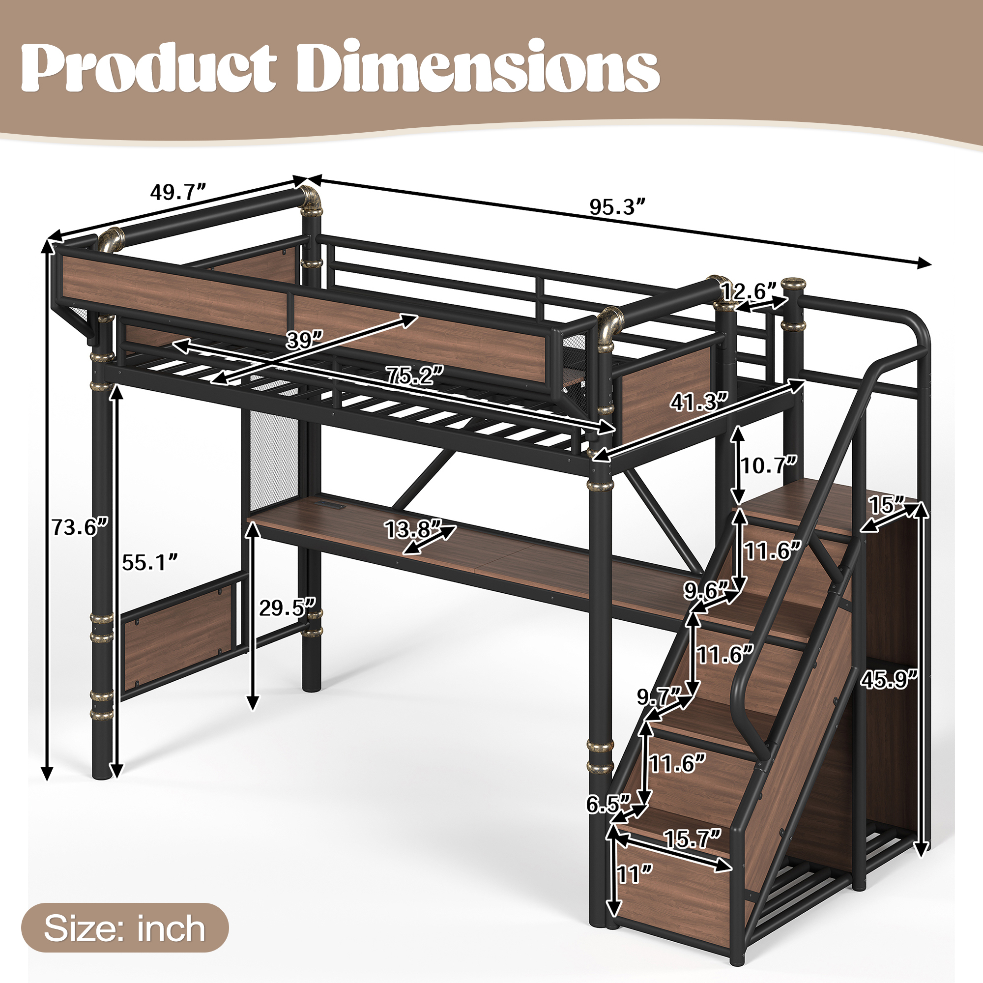 Leumius Twin Size Metal Loft Bed with Built-in Desk & Power Outlet, LED Strip, Industrial Metal Loft Bed Frame with Pegboard & Mesh Storage Baskets, Storage Stairs with Wardrobe, Black