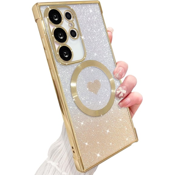 for Samsung Galaxy S24 Ultra Case Magnetic,Soft Cute Luxury Gradient Heart Plating Bling Glitter Clear Phone Case Compatible with MagSafe Shockproof Protective Cover for Women Girl 6.8”-Gold