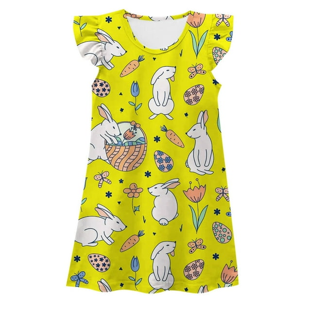 Toimothcn Robe de Bébé Fille Manches à Volants Joyeuses Pâques Lapin Carotte Imprimé Pyjama Robe Douce Coupe Ample Princesse Chemise de Nuit Adaptée pour Vacances d'Été