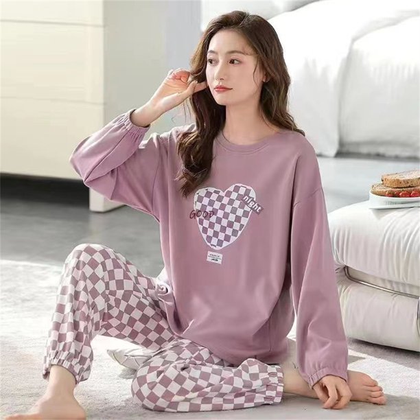 Pijamas de mujer de otoño de manga larga con estampado de corazón ropa de dormir de invierno ropa de dormir pijamas ropa de descanso encantador traje suelto