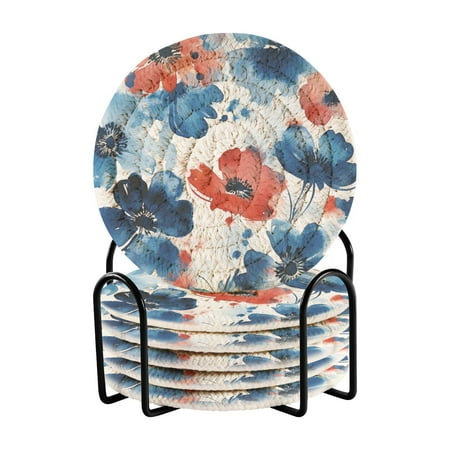 

6-Pack Polyester Coil Coasters with Holder - Heat-Resistant (140℃) Non-Slip & Durable，Many Blue and Red Flowers