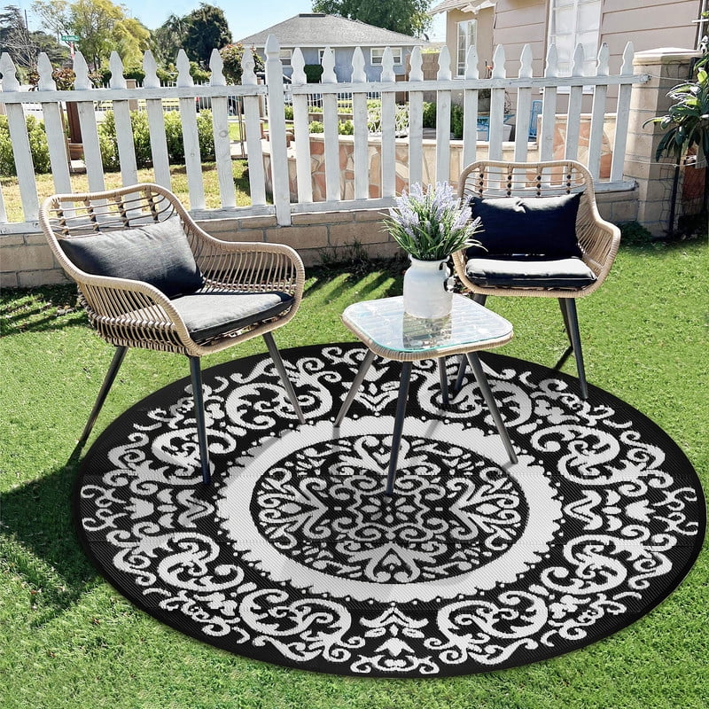 Aonewoe Round Outdoor Rugs 6Ft Waterproof Patio Plastic Straw Rug Reversible Camping Carpet Indoor Outdoor Area Rug for Patio,Deck,Balcony,Picnic,Beach,Outside