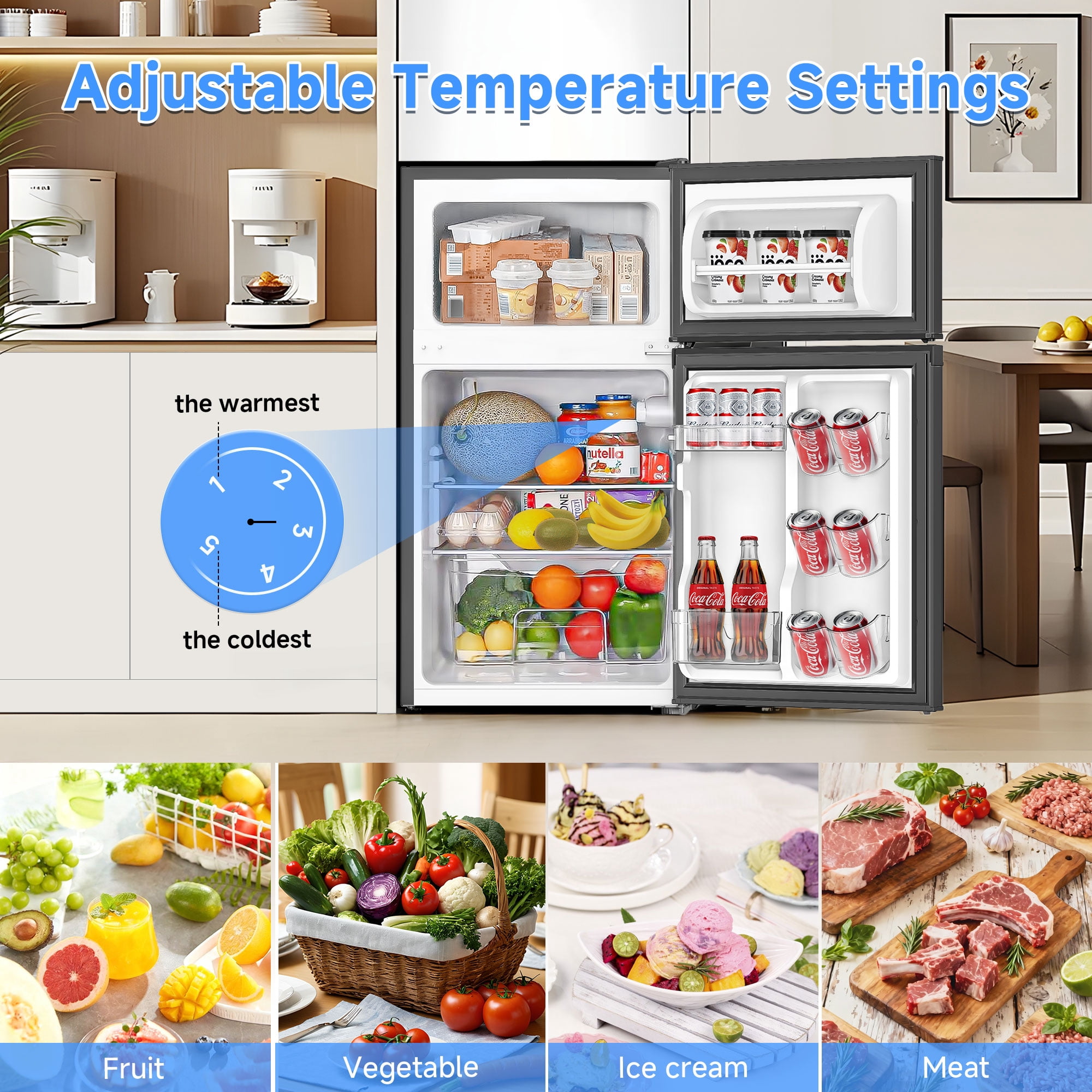 Aootek 3.2 Cu.ft Two Door Mini Fridge with Freezer Energy-Saving Compact Refrigerator Suitable for Bedroom,Apartment,Kitchens, Offices, Dormitories Black