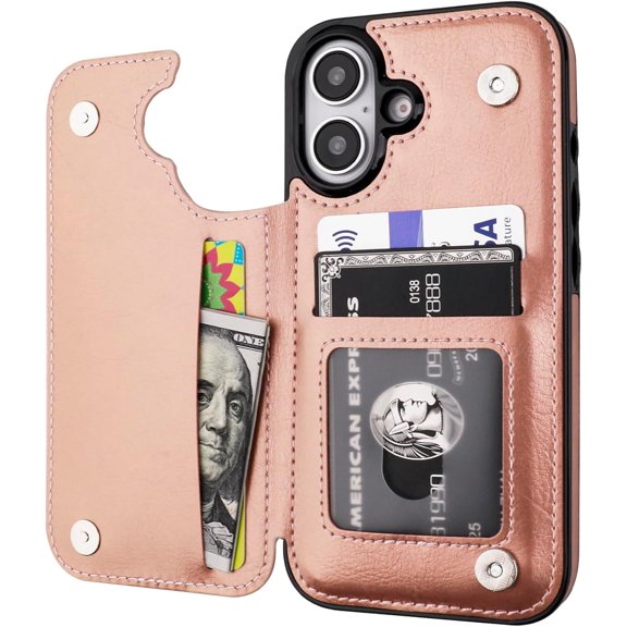 MYKOMI Compatible with iPhone 16 Wallet Case with Card Holder, PU Leather Kickstand Card Slots Case, Double Magnetic Clasp and Durable Shockproof Cover 6.1 Inch