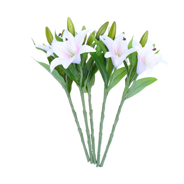 5 flores artificiales de lirio de PVC para decoración del hogar, bodas y fotos (blanco y rosa)