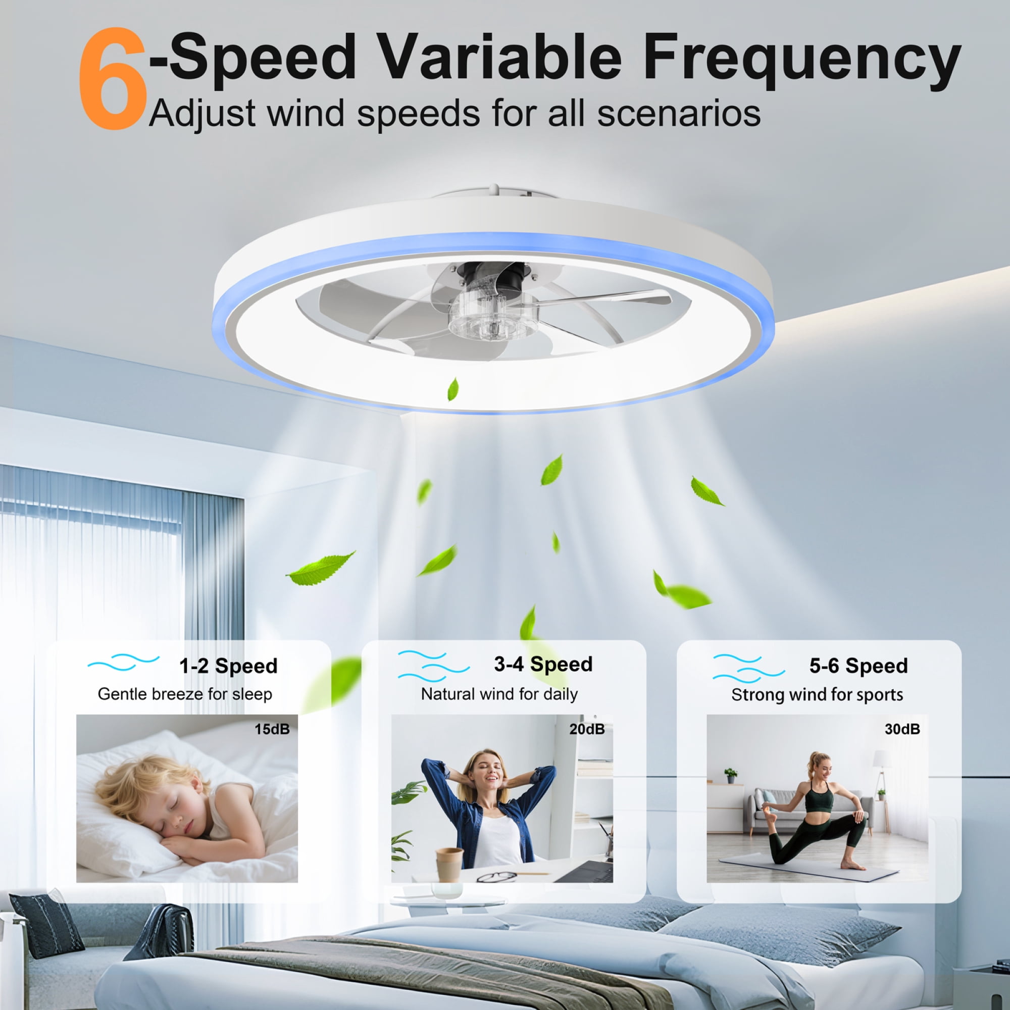 Leumius 23.6" Modern RGB Ceiling Fan with Lights, Flush Mount Low Profile Fan with Remote & APP, 6-Speed Reversible Silent DC Motor, Dimmable 3000-6500K LED for Bedroom Living Room White