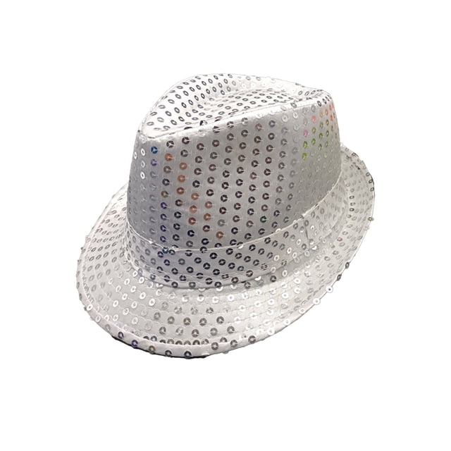 RUNQHUI Women Men Sequin Fedora Hat Disco Hat Jazz Dance Hat Hip-Hop Rapper Stage Performance Silver One Size