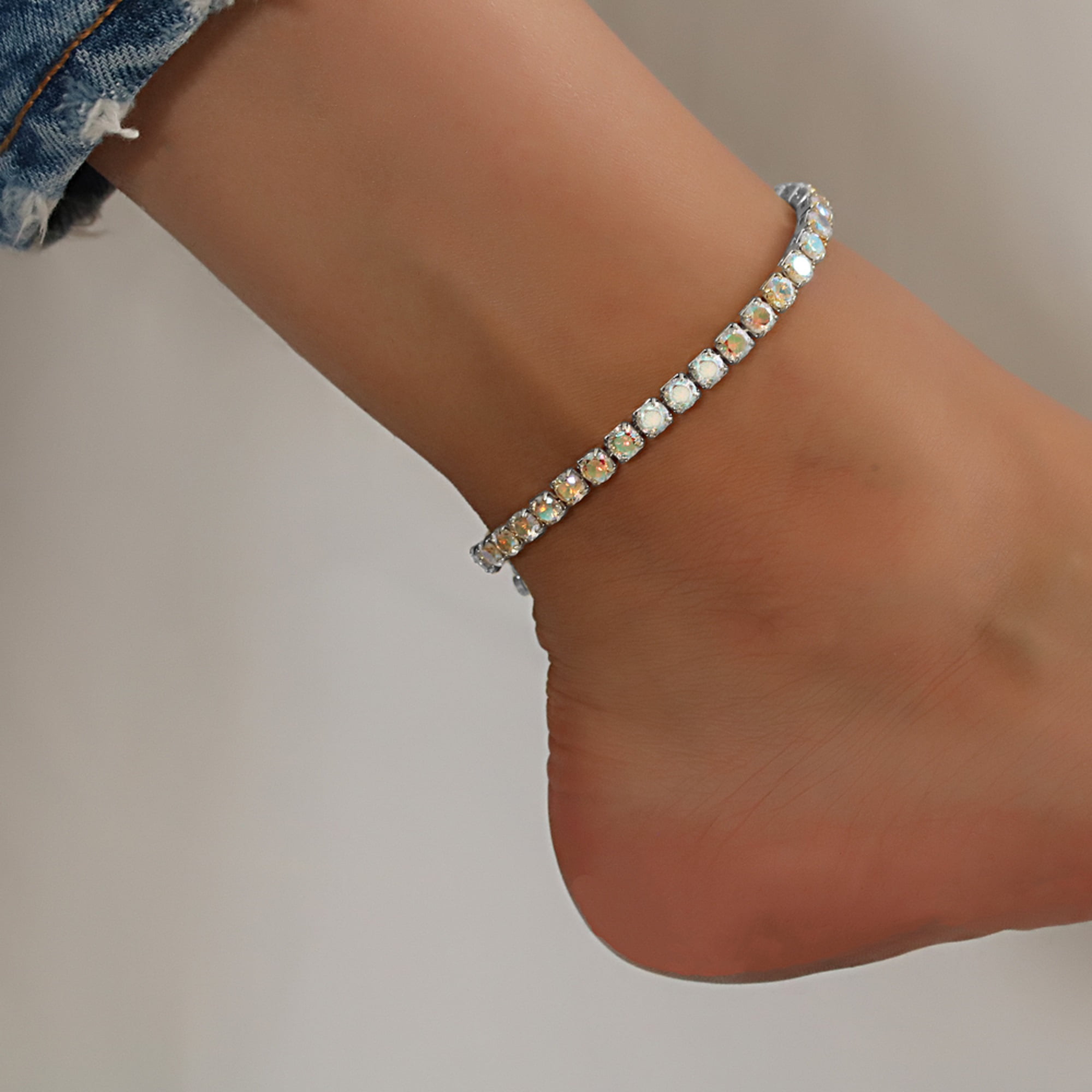 Kaash Customs Silver Cubic Zirconia Adjustable Women Anklet 7"+2" inch Adjustable Size in Brass Metal
