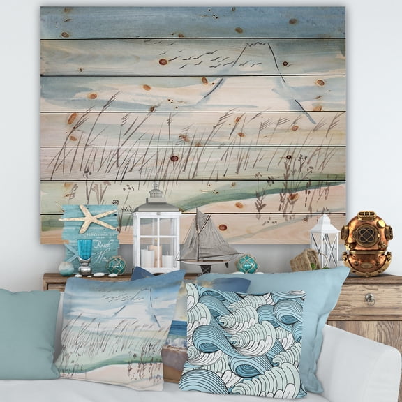Designart 'Crane Birds Flying Over Snowy Montain' Traditional Print on Natural Pine Wood