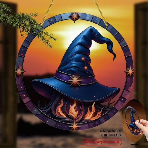 2D Flat, 1 Round Acrylic Wall Sign Printed Inspirational Witch Hat Flames Design with Starry Border, Classic Holiday Decor for Halloween Christmas Easter Mother'S Day Graduation 8*8inch