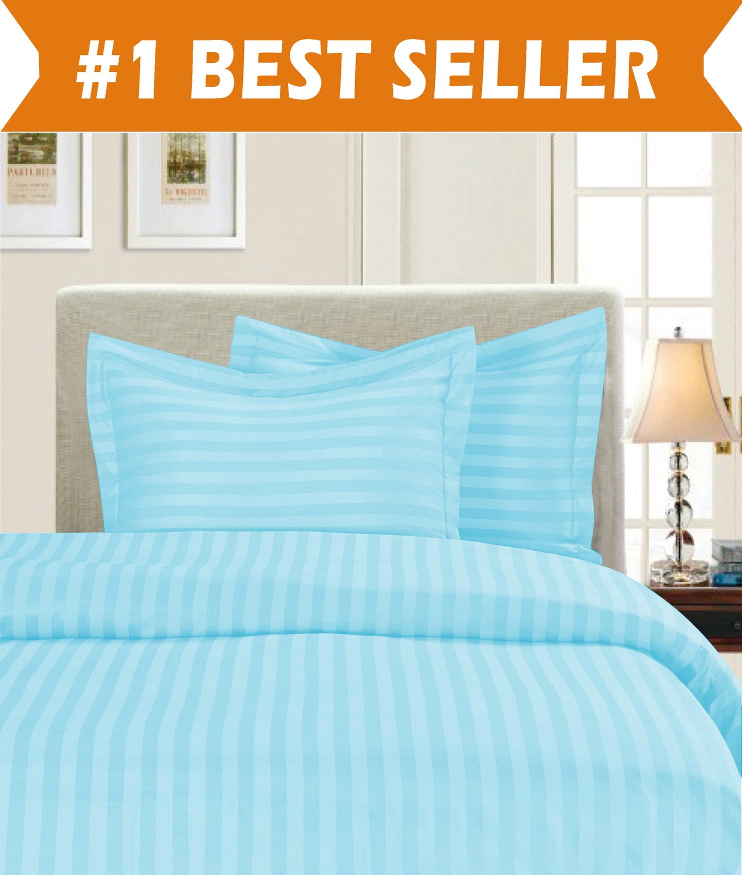 1800 Thread Count DAMASK STRIPE Duvet Cover Set, Full/Queen, Aqua Blue