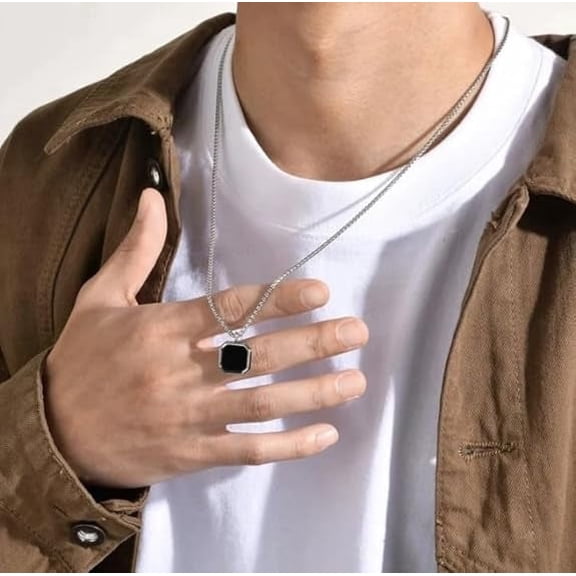 Stainless Steel Hexagonal Pendant Chain Necklace for Men, Black and Silver, Minimal Fashion Jewellery Midnight Charisma Locket Neck Chain for Men