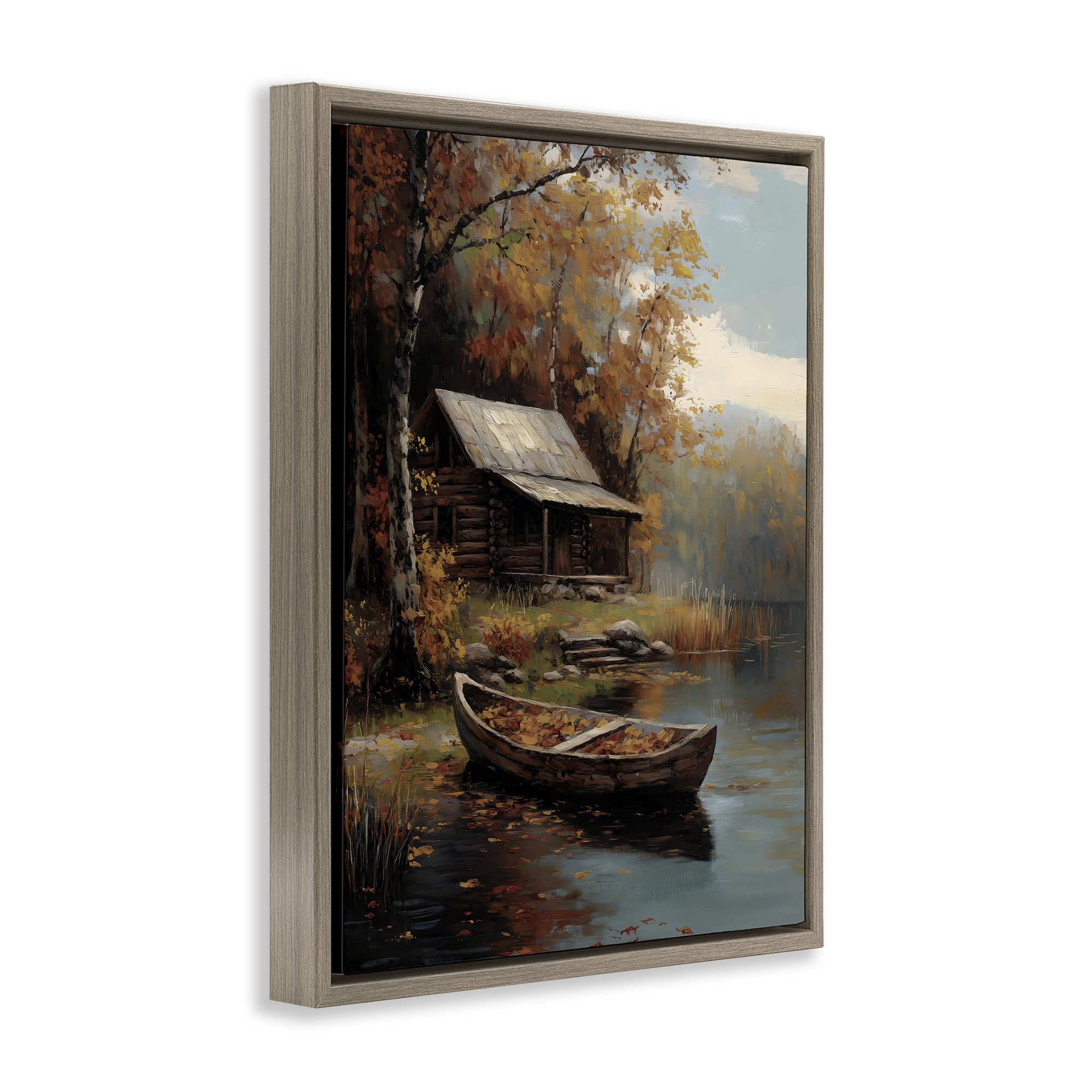 Autumn Cabin Canoe with Leaves Brown Framed Floater Canvas Wall Art, design by Arlington Prints