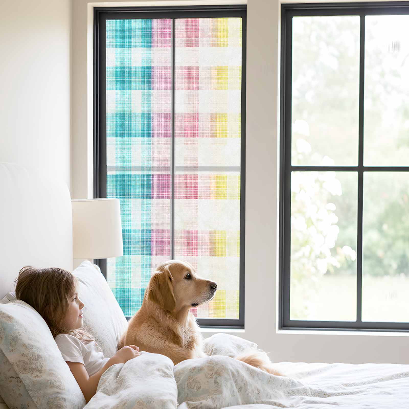 Happy Easter Window Privacy Film, Watercolor Gradient Pink Blue Yellow Buffalo Plaid Frosted Glass Window Clings Static Cling UV Heat Blocking Reusable Door Sticker for Bathroom 23.6 x 59 Inch