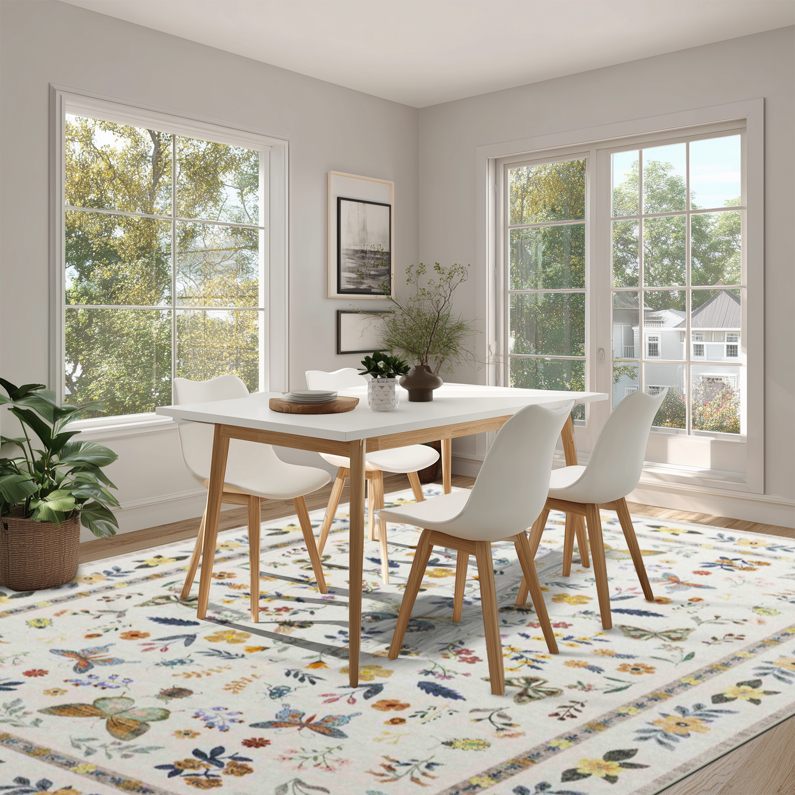 Area Rugs for Living Room, Homasen 8'x10' Washable Indoor Rug Boho Butterfly Beige, Soft Low Pile Stain Resistant Carpet for Bedroom, Dinning Room
